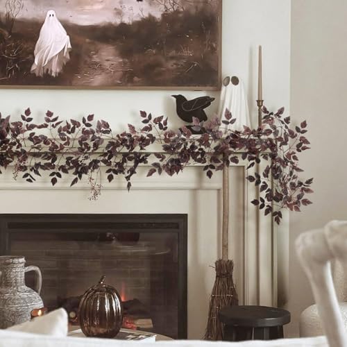 Image of Neutral Fall Garland for Mantle Fireplace - 2 Pack 6Ft Plum Cimicifuga Seeded Leaf Garlands Purple Autumn Decor Table Decorations for Home Indoor Door Halloween Realistic Leaves Garlands Outdoor