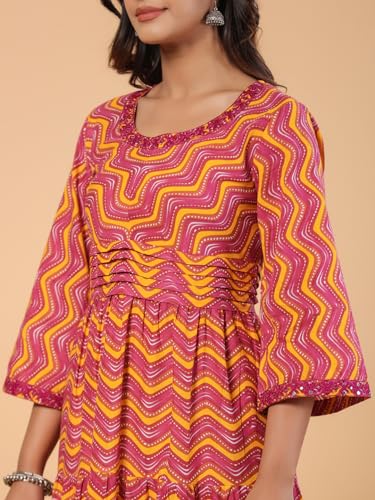Image of SAVI Women's Pink Cotton Printed Tiered Maxi Dress | Round Neck | 3 /4 Sleeves | Gathered Waist | Flared Long Dress | Casual & Ethnic Wear