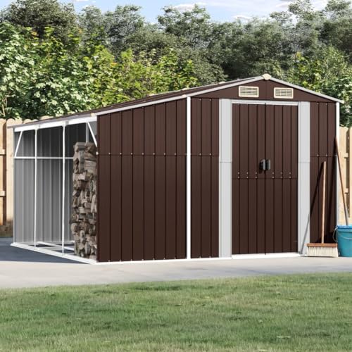 ACAGALA Cobertizo de metal con techo a dos aguas y base, puerta corredera, 4 x ventilación, cobertizo de jardín, resistente a la intemperie, para terraza, patio y jardín, 277 x 279 x 179 cm, color