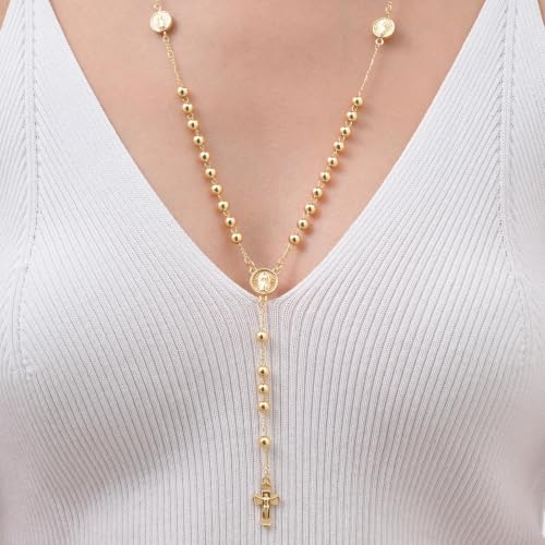 Gold Rosary Necklace for Women, 14k Gold Plated Virgin Mary Y Necklace - image 8