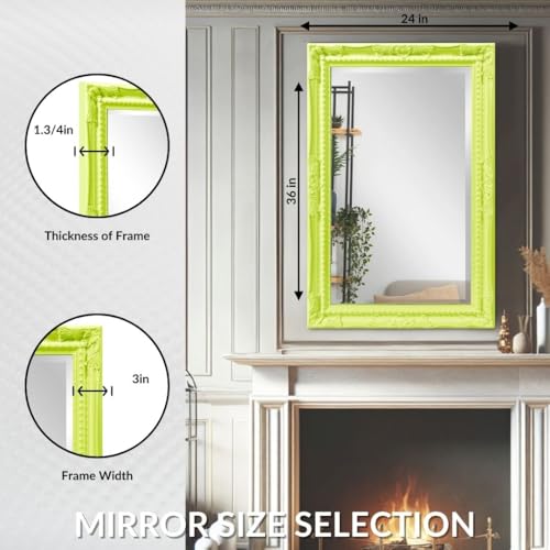 Image of Howard Elliott Collection Queen Ann Rectangular Glossy Green Wall Mirror, Rectangle Hanging Wood Framed Vanity Mirrors for Home Decor, Living Room, Bathroom, Bedroom, or Hallway, 24 x 36 Inch