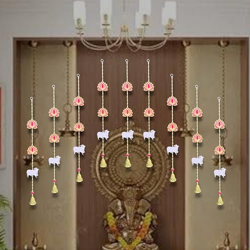 Image of Rajasthan Kraft Handmade Lotus Hanging, Pack of - 6, with Jali Bell, Beads, and MDF Cow, for Pom Pom, Size - 27 * 3 Inch, Perfect Used for - Home Decor, Festival & Wedding Decoration (36828-6)