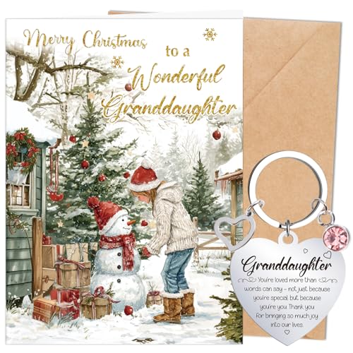 Luvart Granddaughter Christmas Card Gifts - Merry Christmas Cards for Wonderful Granddaughter with Envelopes Keyring, Grand daughter Xmas Card Gift from Grandma Grandad