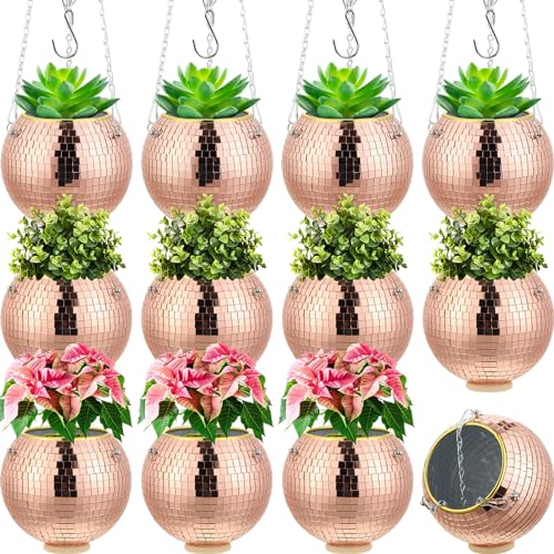 Remerry OY-REMERRY-49638 12 Pcs 6 Inch Disco Ball Planter Mirror Ball Boho Hanging Planter Flower Pots Vase With Chain And Wooden Rings For Indoor Outdoor Plants Succulents Cacti Flowers Home Decorations cover