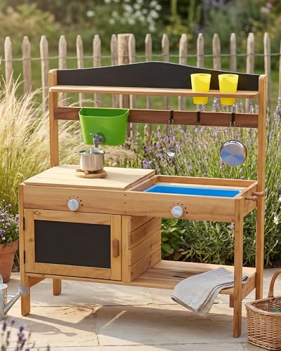 FRIEDO Matschküche Kinder Outdoor mit Schutzlasur I Inkl. Ofen und Zubehör wie 1,2 L Wasserspender, Töpfen etc. I Lasierte Gartenküche wettersicher I Sommer Kinderküche für den Garten I Mud Kitchen