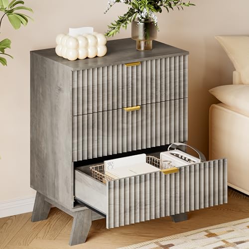 Image of BORNOON Fluted 3 Drawer Dresser, 30.3 inch Tall Compact Modern Boho Chest of Drawers, Wooden Storage Cabinet for Bedroom, Living Room, Entryway, Curved Profile Design