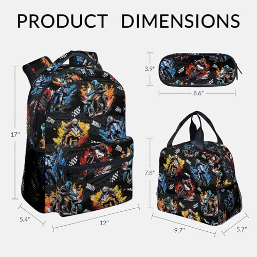 Image of Kids Backpack Set - Motorcycle Backpacks for Boys - 3Pcs Toddler Bookbag with Lunch Box Pencil Case - Boys School Bag for Kindergarten /Preschool /Elementary (17 Inch)