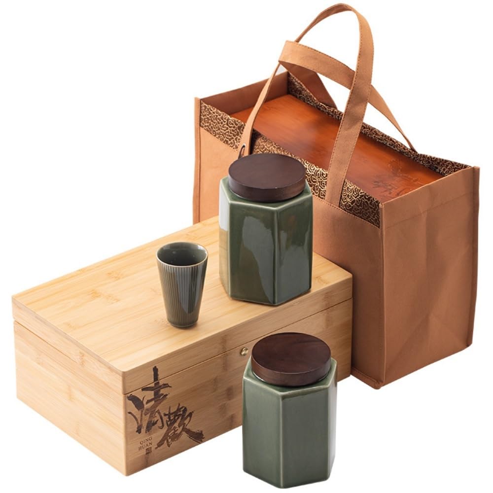Lata de té Tarro de cerámica for Almacenamiento té Suelto, Tarro Doble for el hogar con Taza, Conjunto Caja Regalo, Juego Creativo, Embalaje for Carrito de té(A)