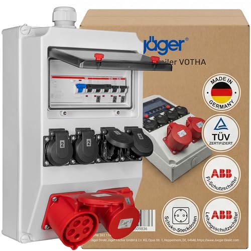 JÄGER Wandverteiler Verteilerkasten Aufputz Starkstrom Verteiler Baustromverteiler fertig Verdrahtet mit ABB FI & LS 2x CEE 16A / 32A 400V 4x Steckdose 16A 230V VOTHA Wolfsburg Made in Germany