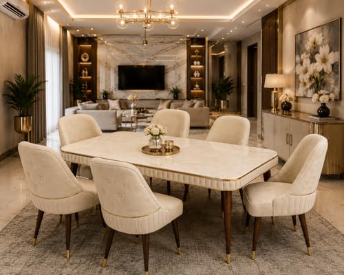 Image of WOODEN SPACE 6-Seater Wooden Dining Table Set | Nano Composite Marble Top | Solid Wood Base | Modern Dining Room Furniture with 6 Chairs (Beige Grand Aura)