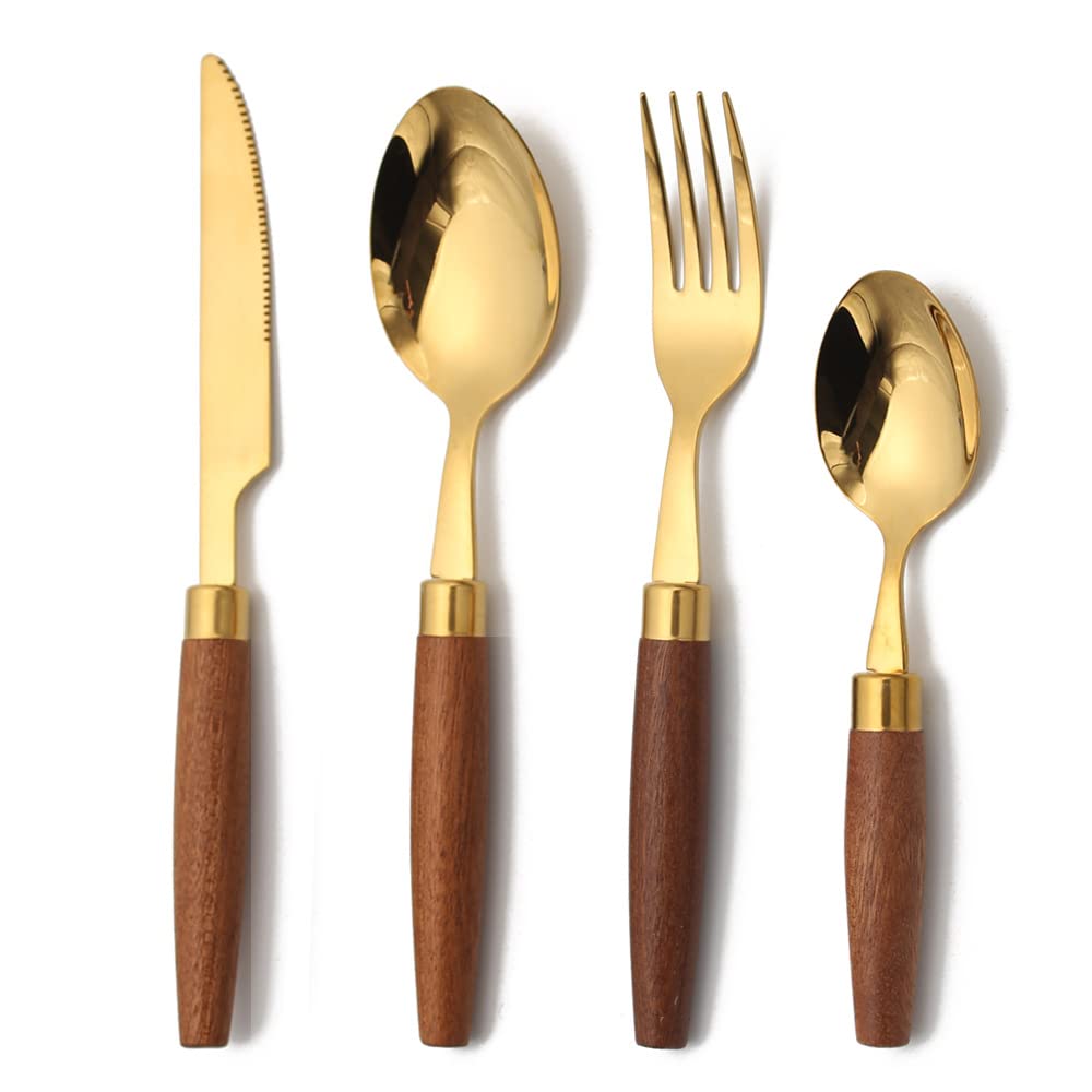 OLSKFUH Cutlery Flatware Cutlery Set, 4/16/24/32 Pieces 304 Wooden Handle Stainless Steel Knife, Fork And Spoon Round Handle Tableware Steak Knife, Fork And Spoon Tableware,Gold-6Set-24Pcs