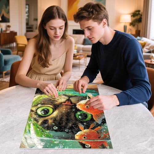 Puzzle de 300 piezas para adultos con gato y peces dorados, 20.5 x 15 pulgadas, arte divertido de mascotas miniatura 6