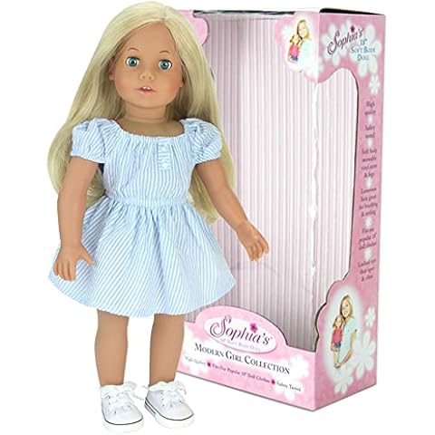 Teamson Kids Sophia's 18 Inch Baby Doll Sophia with Blue Dress and Doll Shoes, Modern Girl Collection, 18'' All Vinyl Doll with Blonde Hair Cover