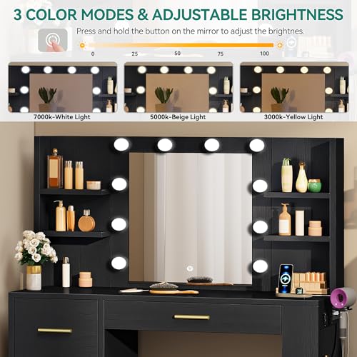 DWVO Vanity Desk with Mirror and Lights, 40in Makeup Vanity Table with Power Outlet, 4 Drawers & Storage Shelves, 3 Lighting Color Adjustable, Black Dressing Desk for Bedroom