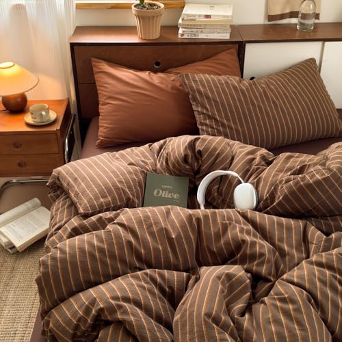 Image of Brown Striped Duvet Cover Twin Size Retro Stripes Bedding Set Vintage Vertical Stripe Soft Lightweight Microfiber Comforter Cover Set with Zipper Closure and 1 Pillowcase