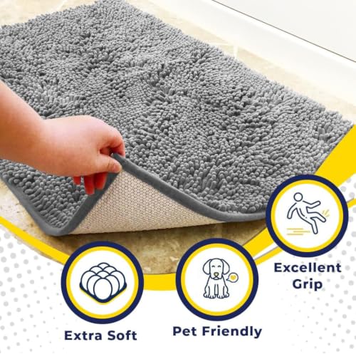 Image of Muddy Mat | Super Water Absorbent Door Mat Indoor, Microfiber Quick Dry Chenille Entryway Rug, Slip Resistant Front Door Mat, Indoor Mats for Entryway, Machine Washable Pet Rug, Light Grey 3ft x 5ft