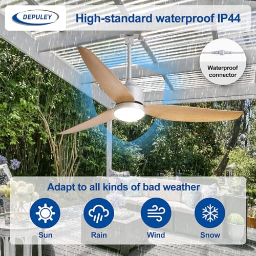 Image of Depuley 52-Inch Ceiling Fans with Lights: Outdoor Waterproof Ceiling Fan for Patios - Plug in Gazebo Fans with Remote Control - Low Profile Outdoor Fan 3 CCT DC Motor for Pergola Porch - Wood Color