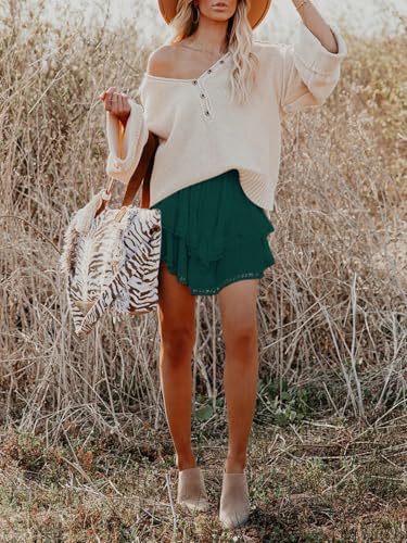 Image of Aoudery Flowy Shorts for Women Casual Boho Ruffle Tiered Skorts High Waist Mini Skirts Golf Tennis Crochet Shorts