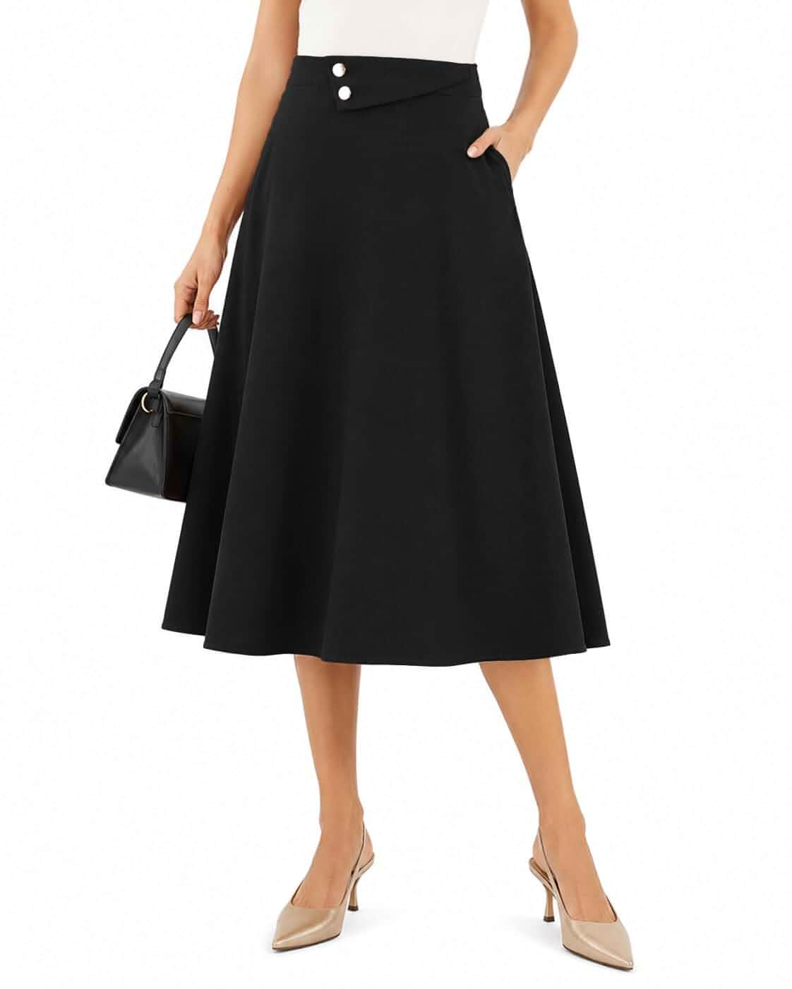 Dressystar Women's Midi Skirt with Pockets A Line Skirts for Business Work High Waisted Pleated Office Skirt,Fit Flare,Midi Length,Elastic Waist,Elegant Fall Long Formal Skirts for Women