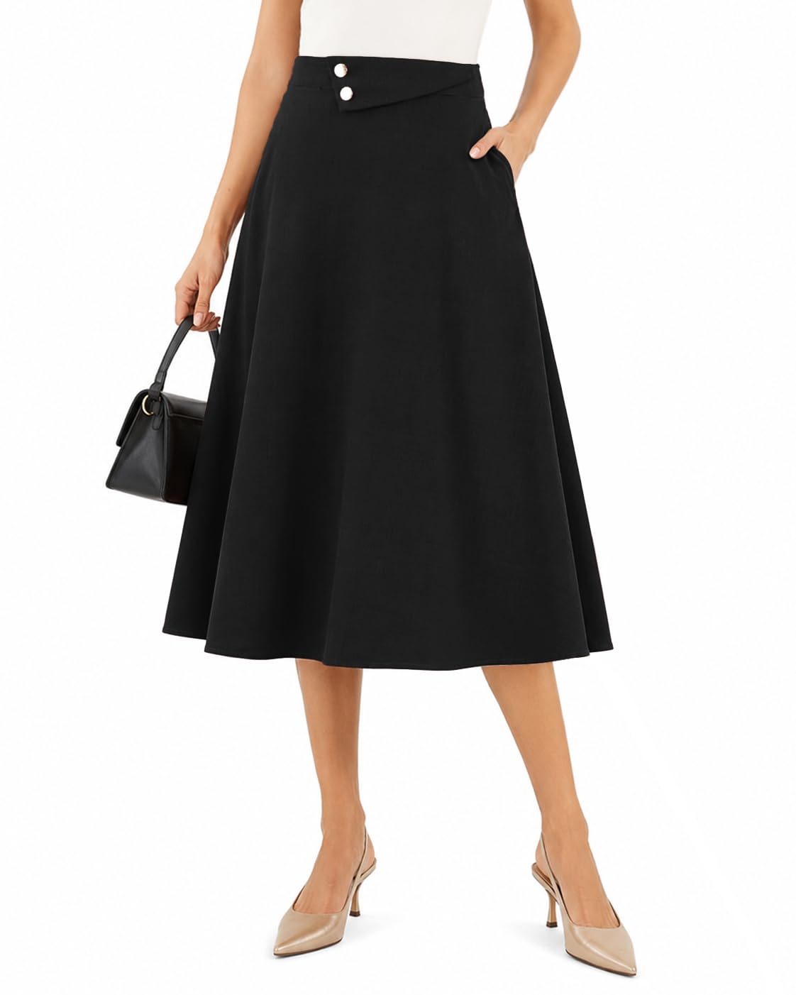 Dressystar Gonna longuette da donna a vita alta con tasche, linea ad A, con elastico in vita, per lavoro e ufficio