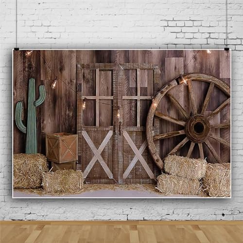 MIRRORANG 2,5x1,8m Western Cowboy Backdrop Wooden Barn Door Farmhouse Wheels Haystack Hay Bales Wagon Wheel Cactus Retro Photography Background for Cowboy Newborn Baby Shower Party Vinyl - Image 2