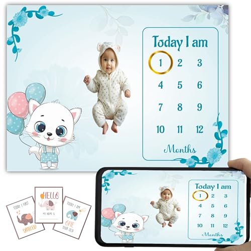 Image of Baby Monthly Milestone Blanket | 1-12 Months | Soft All-Season AC Blanket | Ideal for Newborn Boys & Girls | Perfect Growth Tracker & Photoshoot Prop with Balloon Kitty | 120x90 cm
