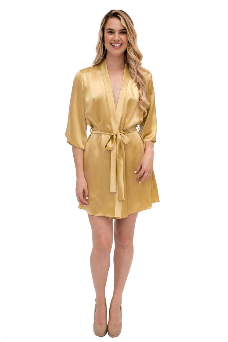 BATHGOWNGold Satin Bridal Robe with Victorian Luxury Kimono Wrap in Silk Satin Mustard Yellow Vintage