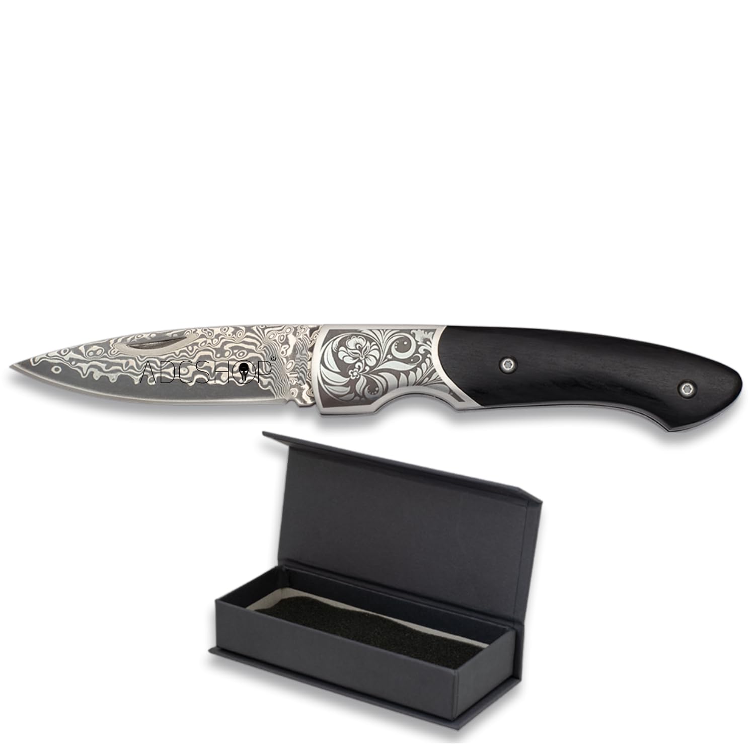 Navaja Damasquinada - 17,40 cm - hoja 7,20 cm damasquinada de acero damasco 67 lamas - mango negro de madera 10,20 cm - peso 91,60 gr - Bushcraft Ideal para Portabilidad y Uso Diario
