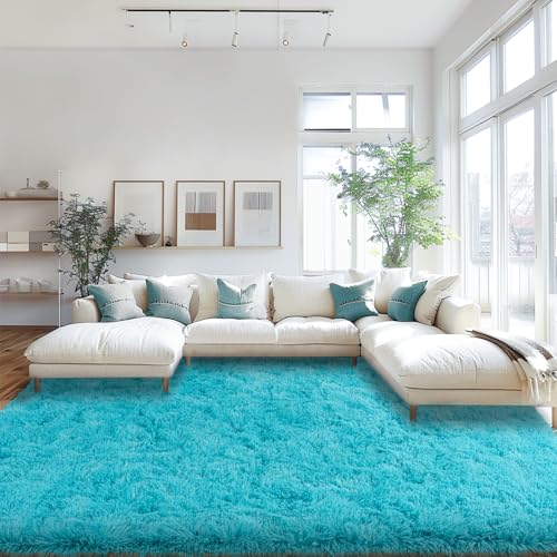 Area Rugs 9x12 Living Room, Large Fluffy Area Rugs for Bedroom, Soft Carpet Shag Kids Room Rug, Non-Slip Fuzzy Rugs Indoor (Turquoise Blue, 9ft x 12ft)