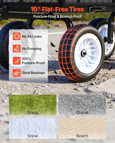 Image of VEVOR 900 LBS Steel Garden Cart, 2 in 1 Handle, Heavy Duty Pullable Garden Wagon with 10 inch Flat-Free Tires, Outdoor Utility Yard Wagon Cart with Detachable Side Panels, Attach to ATV or Tractor