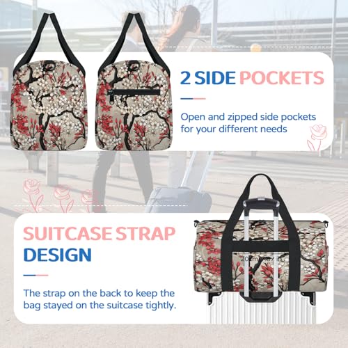 Cherry Blossoms Decor Pattern Sports Duffle Bag for Women Men Waterproof Overnight Weekender Bag with Adjustable Strap Travel Tote Bags for Beach Yoga Work Dance Swim4