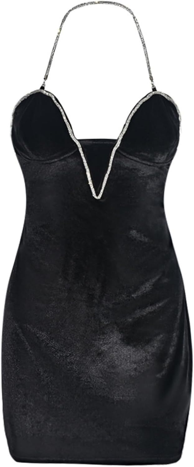 Women Sexy V-Neck Bodycon Mini Dress Halterneck Velvet Dresses for Wedding Party Night - Image 5