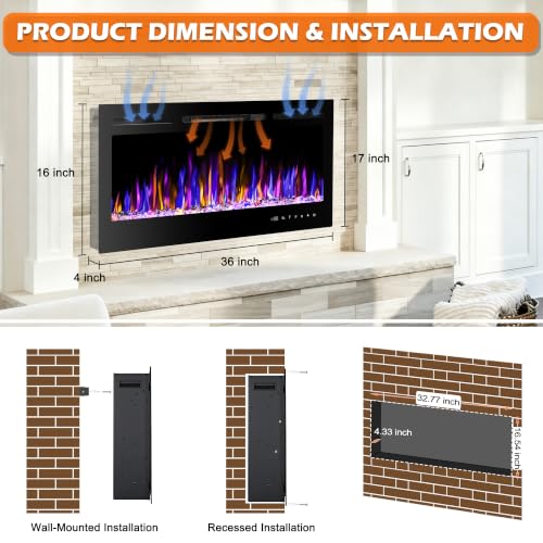 Image of 36 inch Electric Fireplace Wall Mounted and Recessed 750 /1500w W /Remote Control