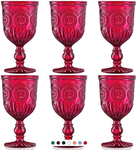 Yungala Red Wine Glasses Set of 6 - Dishwasher Safe Vintage Drinking Glasses For Wine - Christmas Glasses Drinkware Goblets Red Glasses with Sunflower Embossed Design - Colored Wine Glasses for Party