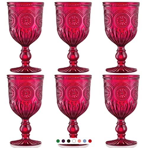 Yungala Red Wine Glasses Set Of 6 - Dishwasher Safe Vintage Drinking Glasses For Wine - Christmas Glasses Drinkware Goblets Red Glasses With Sunflower Embossed Design - Colored Wine Glasses For Party #TOP3
