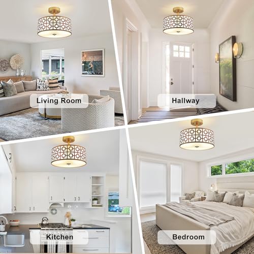 DLLT Flush Mount Ceiling Light: Modern 3-Light Semi Flush Mount Light Fixture - Drum Kitchen Lighting Fixture for Dining Room - Gold Bedroom Ceiling Lamp with Double Shade