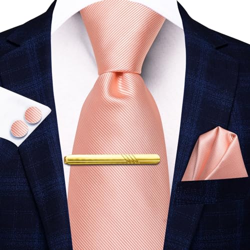 Image of Hi-Tie Pink Solid Ties for Men Silk Necktie Set for Men Wedding Business Tie Pocket Square Cufflinks Tie Clip Gift Set, Medium