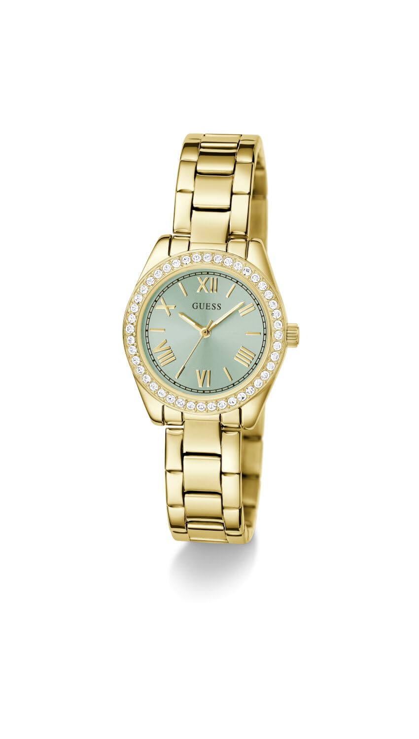 GUESS Damen Armbanduhr MINI Luna mit Zirkonia, goldfarbenes Edelstahlarmband, Mineral Glas, türkisfarbenes Ziffernblatt, 3 Bar, Gehäusedurchmesser: 30 mm, GW0841L5
