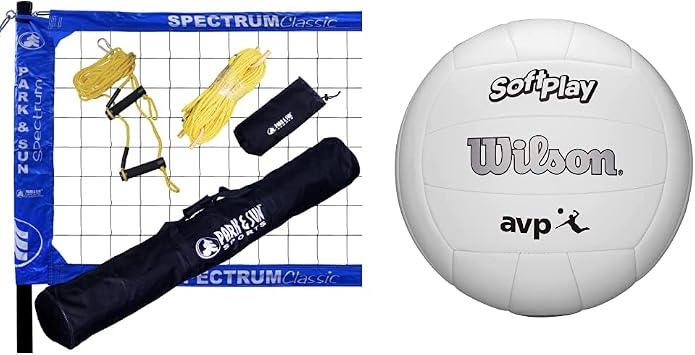 Park & Sun Spectrum Classic Volleyball Set w/Denim Blue Net TS-CL-DEN & Wilson AVP Soft Play Volleyball - Official Size, White