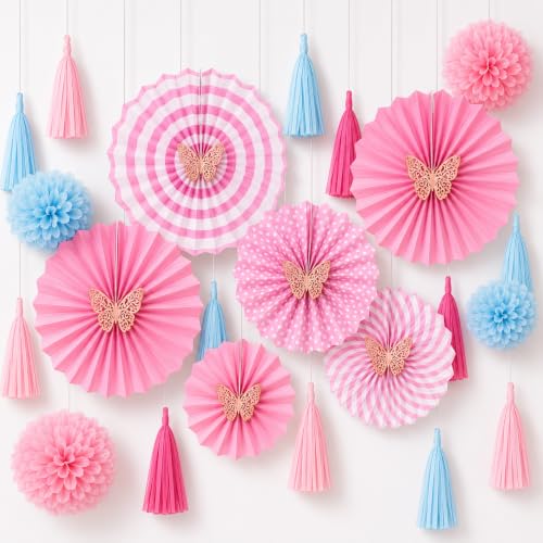 Image of AMFIN (Pack of 25) Butterfly Theme Birthday Decoration Kit Metallic Finish Women Girls Item Pink Blue Rainbow Flower