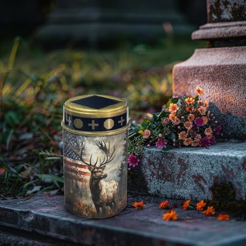 Image of Poceacles Deer American Flag Forest Outdoor Lights Solar Powered Flameless Candle Cemetery Votive Candles Waterproof Outdoor Memorial Candle Solar Stake Lights Home Outdoor Decoration, 6 PCS