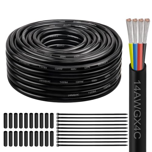 Image of 14 Gauge 4 Conductor Electrical Wire, 14 AWG Tinned Copper Stranded PVC Cable, Waterproof /Flexible /Low Voltage Extension Cord for Automotive, Marine, Solar, LED Lighting (50FT)