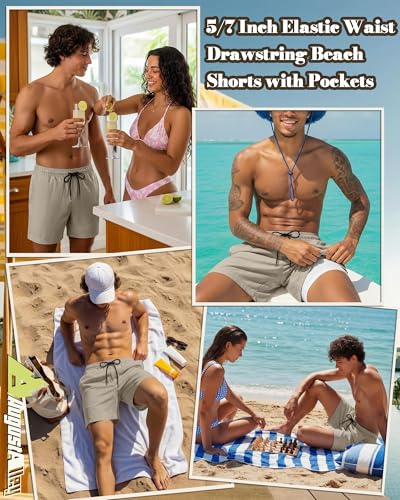 Image of August Alley Men's Linen Shorts with Liner Summer 5 Inch Casual Elastic Waist Drawstring 2 in 1 Beach Shorts with Pockets