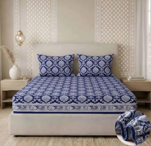 Image of VAS COLLECTIONS 180 TC Cotton Fitted Bedsheet Double Bed (72x78+8 Inches) with 2 Pillow Covers - Soft Breathable Skin Friendly Jaipuri Printed Elastic Fitted Bed Sheet, Indigo & Frost