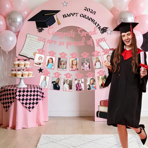 Image of Glitter Pink Graduation Photo Banner for 2026 Graduation Party Decorations Congrats Grad We are So Proud of You Banner Kindergarten to 12th Grade Picture Banner for 2026 High School Grad Congratulation Party Backdrop Decorations Photo Props