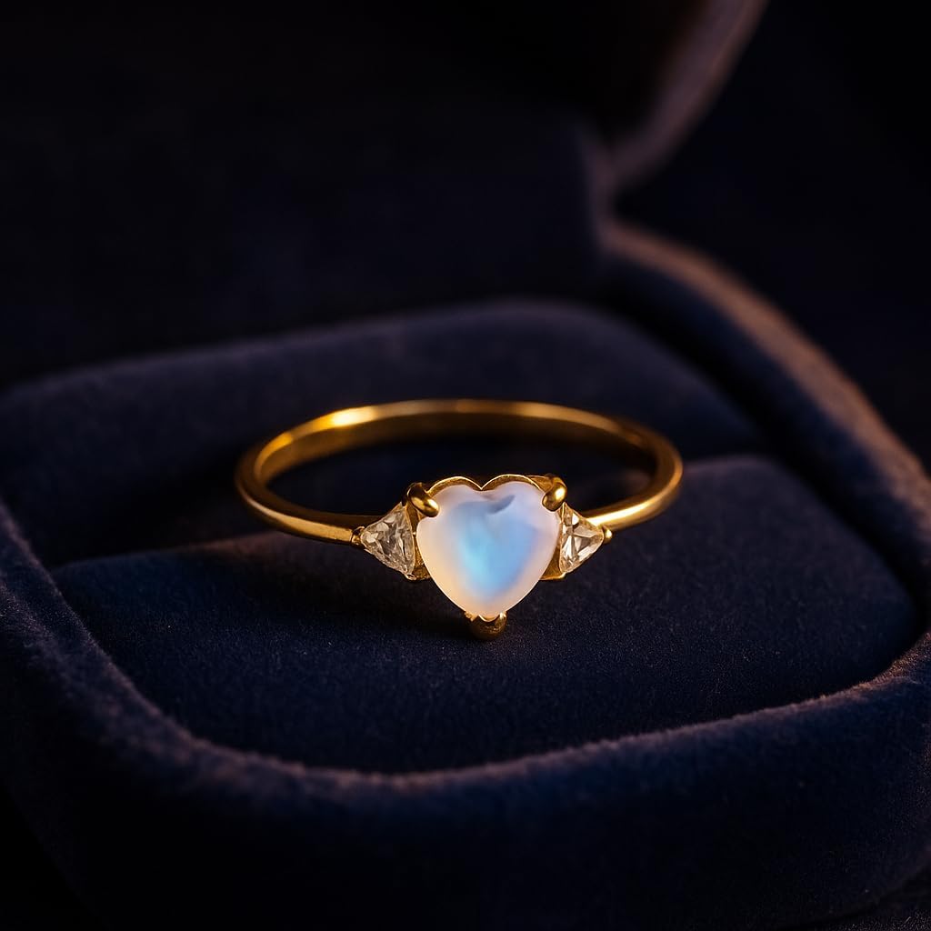 Heart Shape Moonstone Engagement Ring for Women 10K Yellow Gold Solitaire with Trillion Diamond Accents Dainty Minimalist Promise Ring Elegant Jewelry Gift for Lover