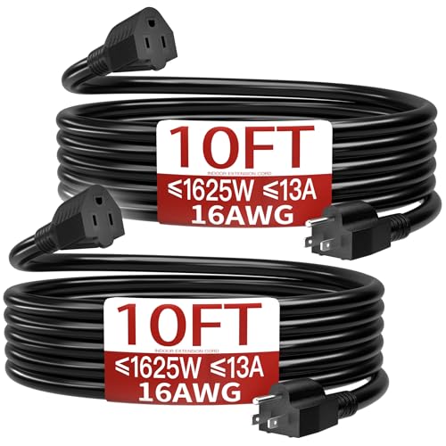 16/3 Short Extension Cord 10 FT 2 Pack Black Extension Cord Flexible & Durable Indoor 3 Prong Power Cable Suitable for Home and Office 13 Amp 1625 Watt 125VAC 16AWG ETL Listed