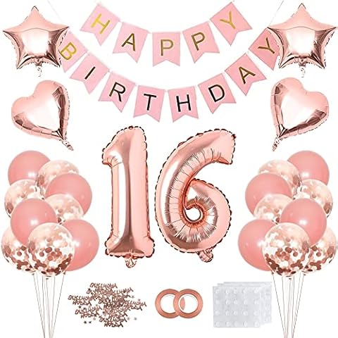 16th Birthday Party Decorations, Rose Gold 16 Birthday Party Supplies Set Sweet 16 Decor Confetti Banner Foil Balloon Latex Balloons Cover
