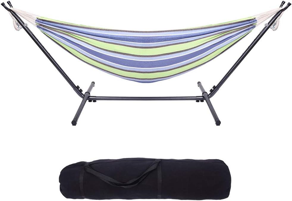 Vasitelan Hammock with Space Saving Steel Stand Included 2 Person Heavy Duty Outside Garden Yard Outdoor 330lb Capacity 2 People Standing Hammocks and Portable Carrying Bag (Red Stripe)