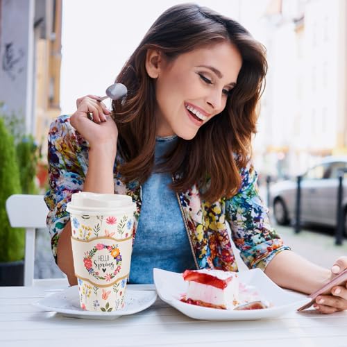 Datyiiha 48 Set Spring Floral Disposable Coffee Cups with Lids and Sleeves 16 oz Hello Spring To Go Paper Cups Beverage Drinking Cups for Spring Wedding Easter Party Office Travel Business Supplies by Datyiiha - Image 7